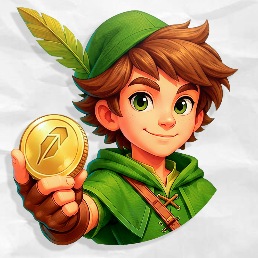 Robin Hood mascot holding an Ethereum coin